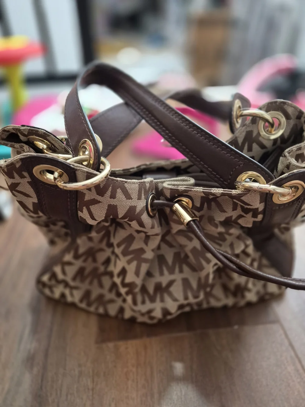 Michael Kors Brown Logo Drawstring Tote